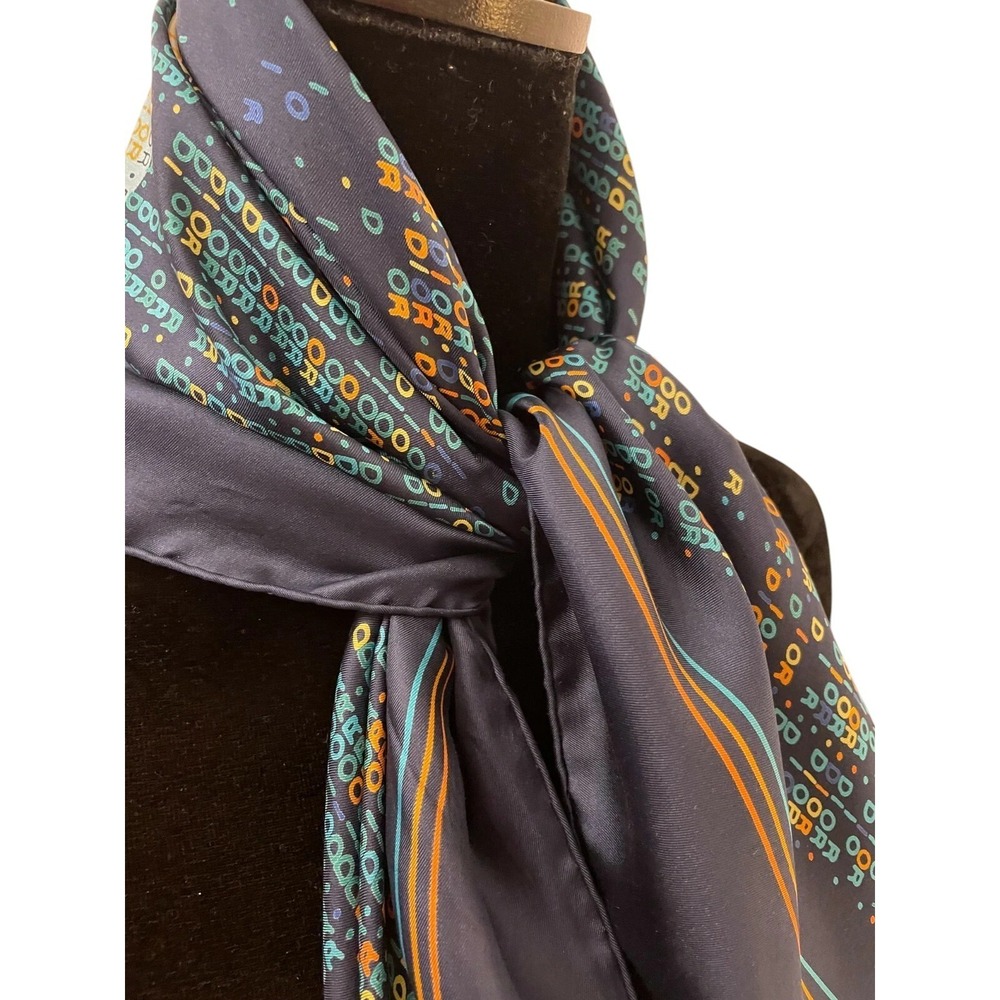 Vintage Christian Dior Womens Square Scarf Navy Blue Retro Monogram Print Silk - Picture 6 of 12